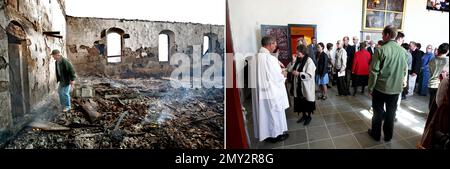 Heute wurde die Kirche Älvestad, die 2007 vom Feuer verwüstet wurde, wieder eröffnet. Im Bild links: Mitarbeiter Arne Ekholm betritt die Überreste am Tag nach dem Brand 30/3 2007. Auf der rechten Seite, vier Jahre später am selben Ort. Foto: Jeppe Gustafsson Stockfoto