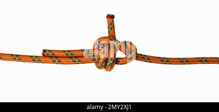 Banner- oder Doppelblattknoten, orangefarbenes Seil, Beispiel, weißer Hintergrund Stockfoto