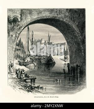 Antikes Bild der Festung Ehrenbreitstein am Ostufer des Rheins. Gravur im malerischen Europa, Vol. III Stockfoto