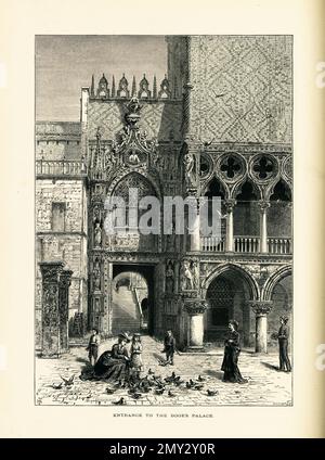 Antike Illustration des Eingangs zum Dogenpalast, einer der wichtigsten Sehenswürdigkeiten in Venedig, Italien. Illustration veröffentlicht im malerischen Europa, Vol. Stockfoto