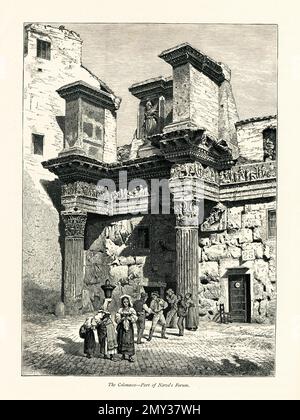 Antike Illustration mit einem Teil des Forum Nerva, einem Tempel, der Minerva in Rom gewidmet ist. Gravur im malerischen Europa, Vo Stockfoto