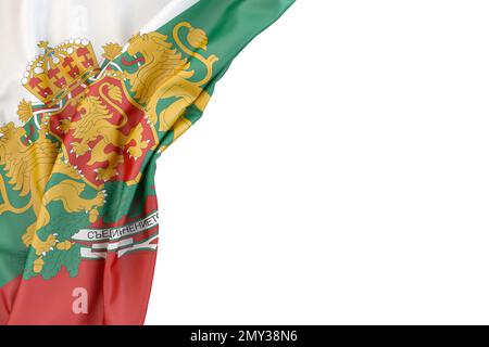 Bulgarische Flagge mit Wappen in der Ecke auf weißem Hintergrund. 3D-Rendering. Isoliert Stockfoto