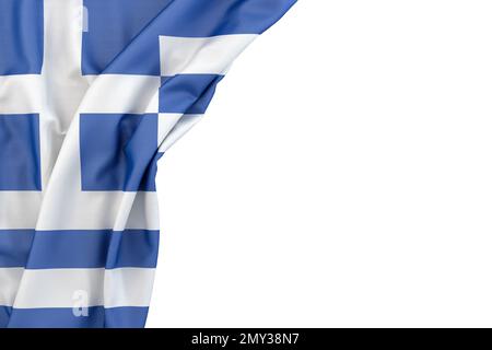 Griechische Flagge in der Ecke auf weißem Hintergrund. 3D-Rendering. Isoliert Stockfoto