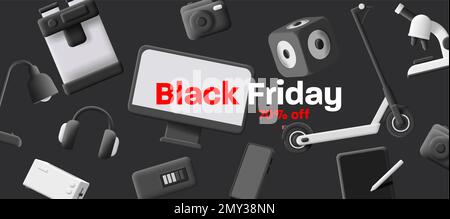 Schwarzes Froday Sale Banner mit 3D-Beispielmuster verschiedener Haushaltsartikel und Gadgets, in Schwarzweißform gerendert Stock Vektor