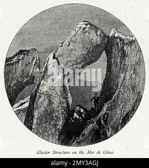 Antike Darstellung eines Gletscherbauwerks auf dem Mer de Glace auf dem Mont Blanc-Massiv, Alpen. Gravur im malerischen Europa, Vol. V (CAS Stockfoto