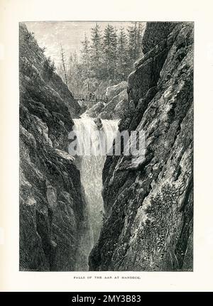 Antike Gravur des Handegg-Wasserfalls, ein 46 Meter langer Wasserfall, der vom Fluss Aar in Handegg, Schweiz, geformt wurde. Illustration im malerischen EU veröffentlicht Stockfoto