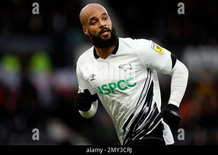 David McGoldrick aus Derby County während des Spiels Sky Bet League One im Pride Park Stadium, Derby. Foto: Samstag, 4. Februar 2023. Stockfoto