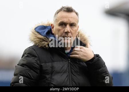 Stockport, Großbritannien. 4. Februar 2023 Mickey Mellon Manager von Tranmere Rovers während des Sky Bet League 2 Spiels Stockport County vs Tranmere Rovers im Edgeley Park, Stockport, Großbritannien, 4. Februar 2023 (Foto: Phil Bryan/Alamy Live News) Stockfoto