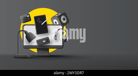 Smart Gadgets Electronics 3D-Darstellung der Desktopzusammenstellung mit Tablet-Musikbox und Fotokamera, schwarz-verchromte Bannervorlage mit Ye Stock Vektor