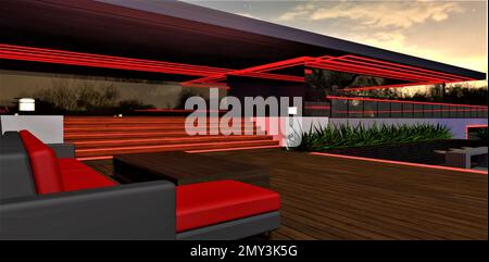 Nachtdekoration einer stilvollen Terrasse in roten Farbtönen. Terrasse des modernen Hauses. Komfortables Sofa und Holztisch auf der Terrasse. 3D-Rendering. Stockfoto