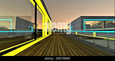 Gelber Leuchtrahmen der Glastür zur nachts umzäunten Terrasse mit Holzfußboden. Sieht toll aus mit Sternenhimmel. 3D-Rendering. Stockfoto