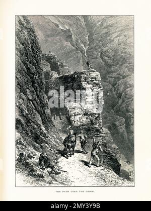 Antike Illustration eines Weges über den Gemmi Pass, einen Bergpass, der zwischen dem Daubenhorn und dem Rinderhornin in der Schweiz liegt. Gravurpublikation Stockfoto