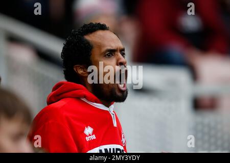 Middlesbrough, Großbritannien. 04. Februar 2023. Ein Fan von Middlesbrough während des Sky Bet Championship-Spiels Middlesbrough vs Blackpool im Riverside Stadium, Middlesbrough, Großbritannien, 4. Februar 2023 (Foto von Ben Early/News Images) in Middlesbrough, Großbritannien, am 2./4. Februar 2023. (Foto: Ben Early/News Images/Sipa USA) Guthaben: SIPA USA/Alamy Live News Stockfoto