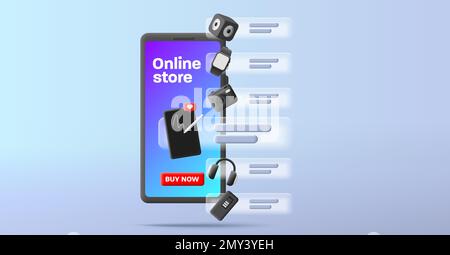 3D-Komposition des Online-Shopping-Katalogs für Smartphones mit Elektronik und Gadgets mit Tasten und Schnittstellenkarten, Renderstil Stock Vektor
