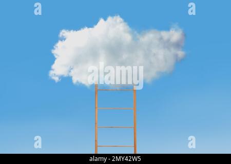 Holzleiter mit Wolke auf blauem Hintergrund. Konzeptentwurf Stockfoto