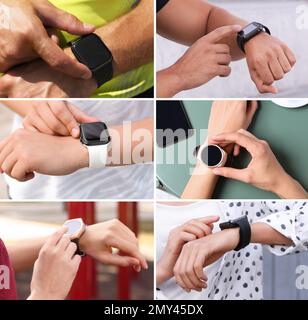 Fotos von Personen mit Smartwatches, Nahaufnahme. Collage-Design Stockfoto