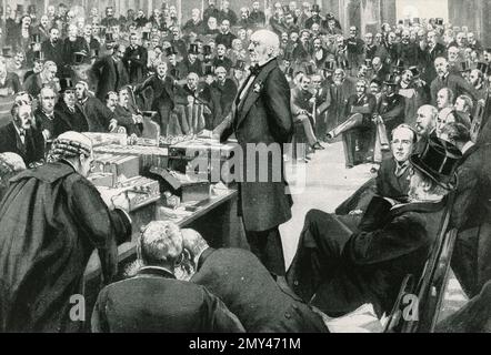 Der britische Politiker und Premierminister Lord William Gladstone spricht sich für das Gesetz über die Hausordnung in der unteren Kammer aus, Illustration, UK 1890er Stockfoto