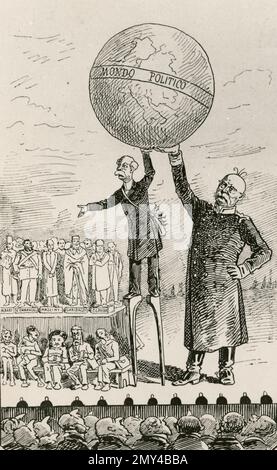Karikatur des deutschen Staatsmanns und Diplomaten Otto von Bismarck und des italienischen Politikers und Premierministers Francesco Crispi, 1888, Illustration Stockfoto