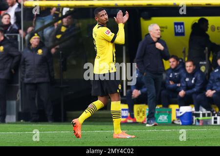 DORTMUND, DEUTSCHLAND - FEBRUAR 4: Sebastien Haller von Borussia Dortmund während des Bundesliga-Spiels zwischen Borussia Dortmund und SC Freiburg am Signal Iduna Park am 4. Februar 2023 in Dortmund (Foto: Marcel ter Bals/Orange Pictures) Stockfoto