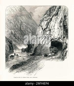 Antike Gravur eines Tunnels auf der St. Gothard Road, bei Andermatt im Kanton Uri, Schweiz. Illustration im malerischen Europa, Stockfoto