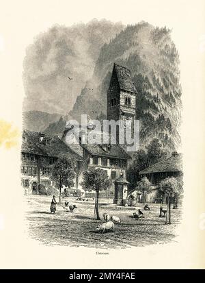 Antike Illustration von Unterseen, einer Stadt zwischen Thunersee und Brienzersee im Kanton Bern, Schweiz. Gravur in Pictu veröffentlicht Stockfoto