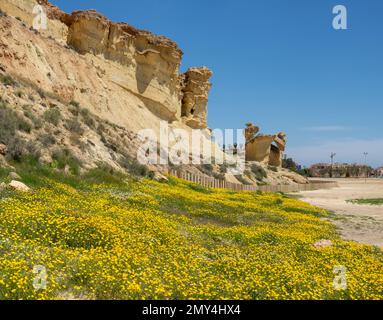 Sandsteinformen, Erosionen oder Gredas von Bolnuevo in Mazarron, Murcia, Spanien. Auch bekannt als die umgebaute Stadt Bolnuevo. Stockfoto