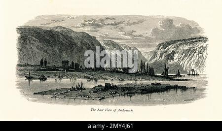 Blick aus dem 19. Jahrhundert auf Andernach, eine Stadt am linken Rheinufer in Rheinland-Pfalz. Illustration im malerischen Europa, Stockfoto