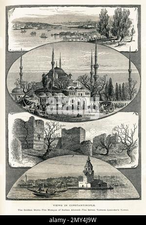 Blick aus dem 19. Jahrhundert in Konstantinopel (das heutige Istanbul): Das Goldene Horn, die Sultan Ahmed Moschee, die Festung Yedikule und der Jungfrauenturm. ICH Stockfoto