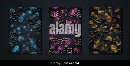 Goldene und schwarze Poster, Flyer oder Einladungsdesign für Karneval. Festliche goldene Karten. Vektordarstellung. Elegante, luxuriöse Tickets verschwommen Stock Vektor