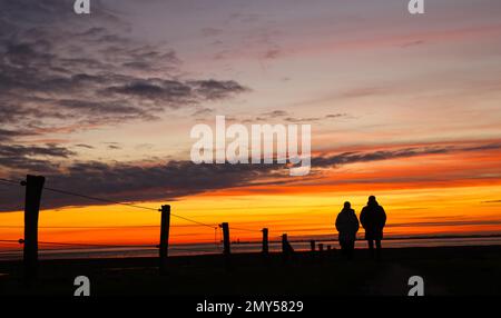 Husum, Deutschland. 04. Februar 2023. Zwei Personen laufen kurz nach Sonnenuntergang an der Nordsee nahe Husum vor einem bunten Himmel. Kredit: Christian Charisius/dpa/Alamy Live News Stockfoto