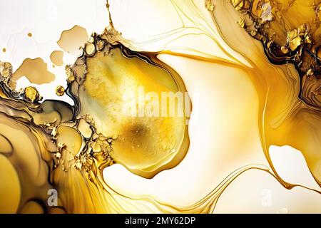 Abstrakter Gold-Alkohol-Tinte Hintergrund, handbemalte flüssige Tinte Gold Spritzer Effekt Stockfoto
