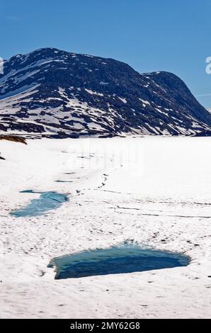 Norsk Fjordsenter Geiranger - Skifahren in Geiranger Norwegen. Sommerlandschaft mit Bergen und Schnee Stockfoto