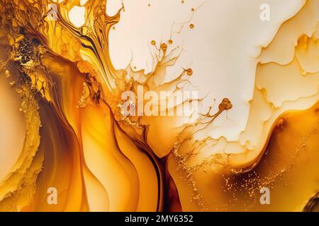 Abstrakter Gold-Alkohol-Tinte Hintergrund, handbemalte flüssige Tinte Gold Spritzer Effekt Stockfoto