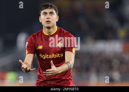 Paulo Dybala of Roma reagiert während des Fußballspiels Der italienischen Meisterschaft Serie A zwischen AS Roma und Empoli FC am 4. Februar 2023 im Stadio Olimpico in Rom, Italien – Photo Federico Proietti/DPPI Stockfoto