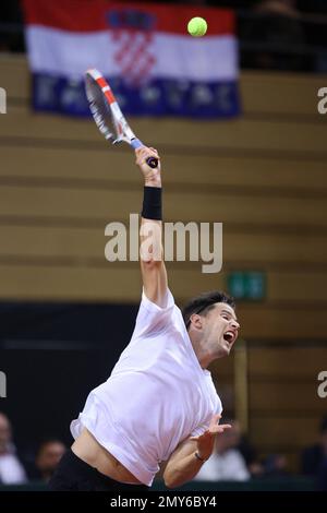 RIJEKA, KROATIEN - FEBRUAR 04: Dominic Thiem von Österreich dient während der ersten Runde der Davis-Cup-Qualifikation zwischen Kroatien und Österreich gegen Borna Gojo von Kroatien in der Zamet-Sporthalle am 4. Februar 2023 in Rijeka, Kroatien. Foto: Nel Pavletic/PIXSELL Stockfoto