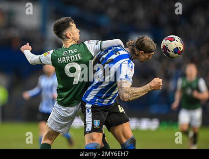 Sheffield, Großbritannien. 04. Februar 2023. Plymouth Argyle Forward Ryan Hardie (9) und Sheffield Wednesday Defender Aden Flint (44) kämpfen um den Ball während des Spiels Sheffield Wednesday vs Plymouth Argyle in Hillsborough, Sheffield, Großbritannien, 4. Februar 2023 (Foto von Stanley Kasala/News Images) in Sheffield, Großbritannien, am 1 2./4. Februar 2023. (Foto: Stanley Kasala/News Images/Sipa USA) Guthaben: SIPA USA/Alamy Live News Stockfoto