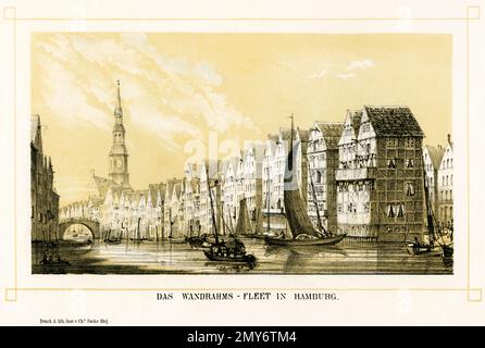 Europa, Deutschland, Hamburg, Originalseite und Originaltext : das Wandrahms Fleet in Hamburg , im Hintergrund die St. Katharinen Kirche , Lithographie aus : " Hamburgisches Album ", Druck Lithographisches Institut Charles Fuchs, Hamburg, um 1850er Jahre. / Europa, Deutschland, Hamburg, Originalseite und Originaltext : das Wandrahms Fleet in Hamburg ( Wandrahms Canal in Hamburg ) , im Hintergrund St. Katharinenkirche, Lithographie aus dem " Hamburgischen Album " , gedruckt vom Lithographischen Institut Charles Fuchs, Hamburg, um 1850. Stockfoto