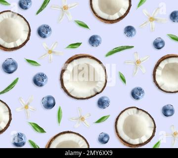 Tropisches Layout mit frischen Kokosnuss- und Vanilleblumen auf hellem Lavendelhintergrund, Draufsicht Stockfoto