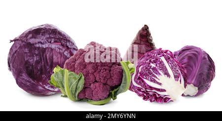 Mit verschiedenen frischen Kohlen auf weißem Hintergrund. Bannerdesign Stockfoto