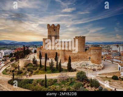 Luftaufnahme der Burg von Villena in der Provinz Alicante, Spanien. Stockfoto