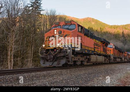 Skykomish, WA, USA - 1. Februar 2023; BNSF-Güterzug in den Washington Cascade Mountains mit der führenden General Electric-Lokomotive Stockfoto