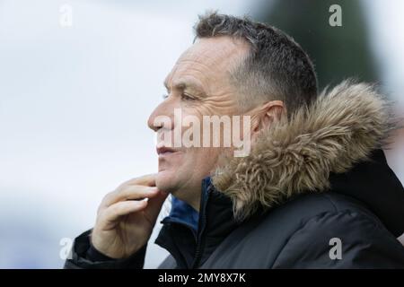 Stockport, Großbritannien. 4. Februar 2023 Mickey Mellon, Manager von Tranmere Rovers, sieht während des Spiels der Sky Bet League 2 Stockport County vs Tranmere Rovers in Edgeley Park, Stockport, Großbritannien, 4. Februar 2023 (Foto: Phil Bryan/Alamy Live News) Stockfoto