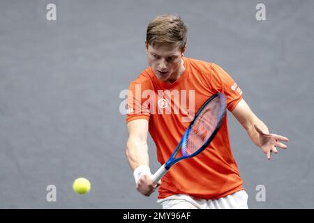 GRONINGEN – Tim van Rijthoven (Niederlande) in Aktion während der Qualifikationsrunde für die Davis Cup Finals. Der Gewinner qualifiziert sich für die Gruppenphase der Davis Cup Finals im September. AP-SCHLEIFGERÄT KING Stockfoto