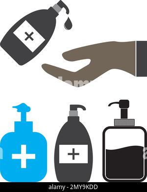 Desinfektion. Symbol für die Flasche mit Handdesinfektionsmittel, Waschgel. Schwarze Silhouette. Vektorgrafik Stock Vektor