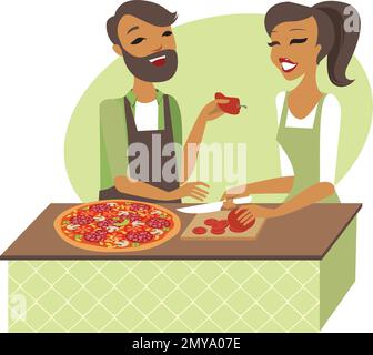 Ein junges Paar, das zusammen Pizza kocht, eine flache Illustration Stock Vektor