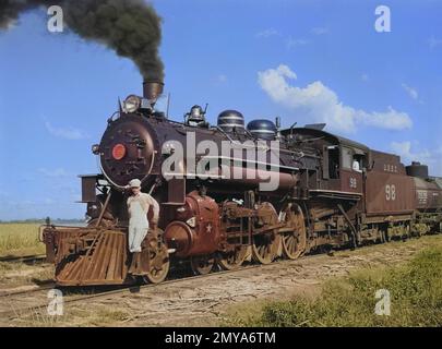 United States Sugar Corporation (USSC) Freight Train, der Zuckerrohr von den Feldern zu seiner Fabrik transportiert, mit seinem eigenen Eisenbahnsystem, Clewiston, Florida, USA, Marion Post Wolcott, USA Farm Security Administration, Februar 1939 Stockfoto