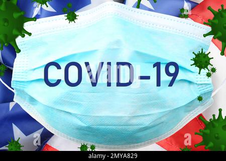 Covid-19-Ausbruch. Virus fliegt über medizinische Maske und amerikanische Flagge Stockfoto