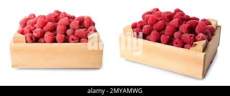 Frische reife Himbeeren in Holzkisten auf weißem Hintergrund Stockfoto