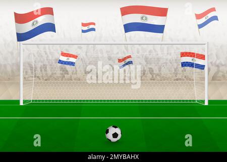 Fans der Paraguay-Fußballmannschaft mit Paraguay-Flaggen, die das Stadion anfeuern, Elfmeterball-Konzept bei einem Fußballspiel. Sportvektordarstellung. Stock Vektor