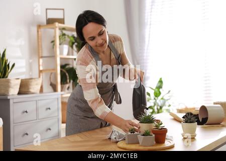 Reife Frau, die zu Hause Zimmerpflanzen gießt. Fesselndes Hobby Stockfoto